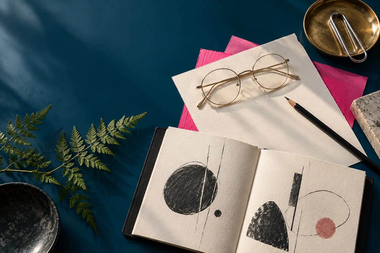 Lunettes, croquis et papiers de création sur une table bleu profond